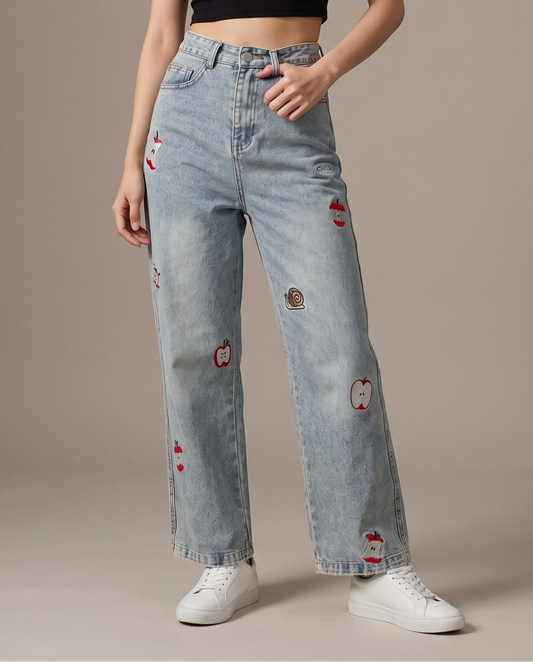 Embroidered Graphic Wide-Leg Jeans