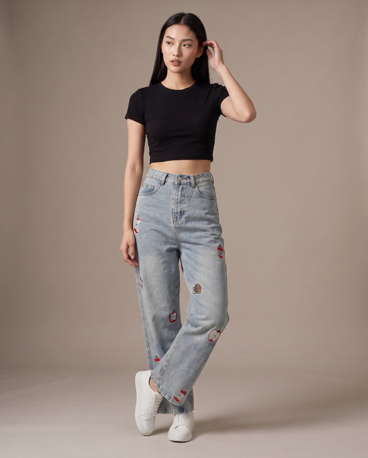 Embroidered Graphic Wide-Leg Jeans