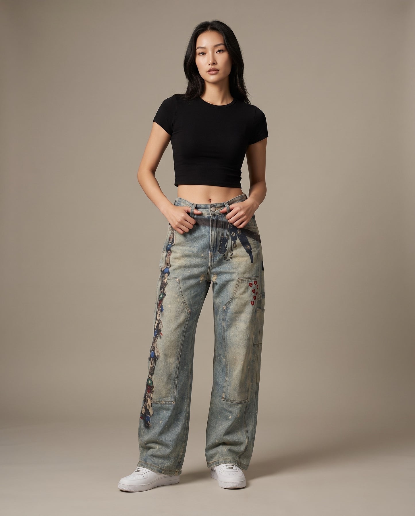 Y2K Keychain Illusion Print Wide-Leg Jeans