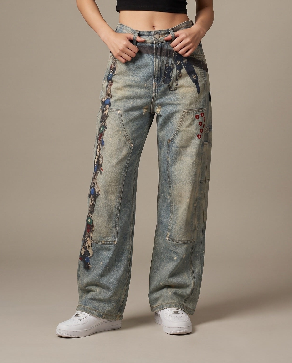 Y2K Keychain Illusion Print Wide-Leg Jeans