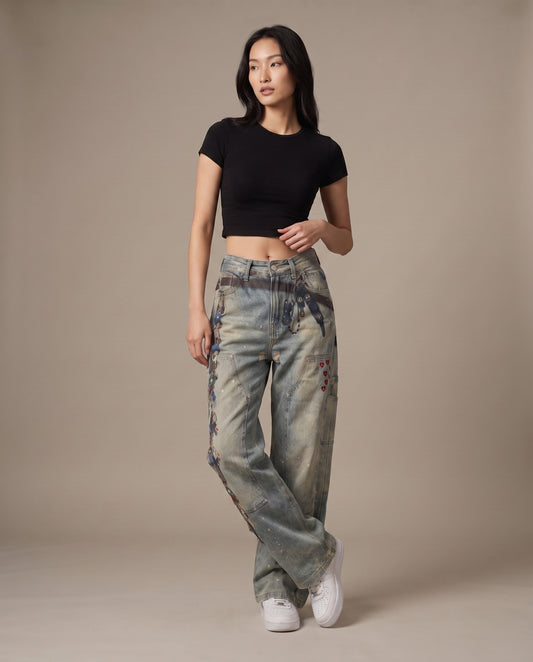 Y2K Keychain Illusion Print Wide-Leg Jeans