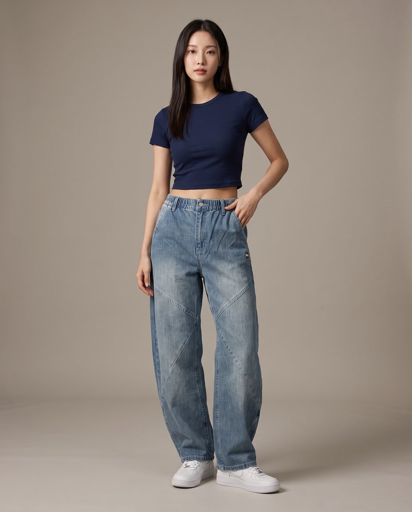 Chevron Seam Elastic Waist Wide-Leg Jeans