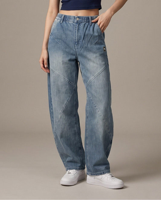 Chevron Seam Elastic Waist Wide-Leg Jeans