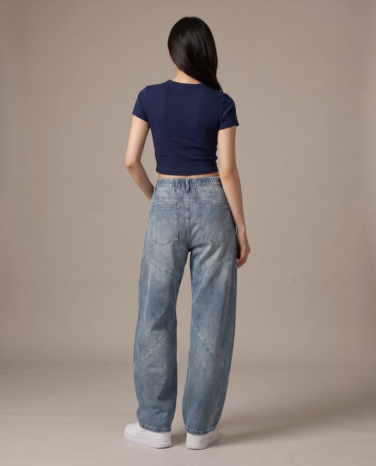 Chevron Seam Elastic Waist Wide-Leg Jeans