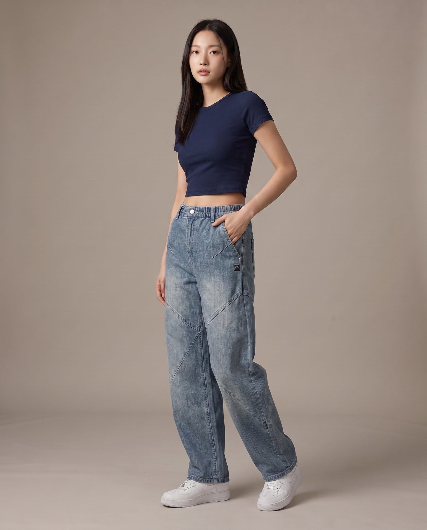 Chevron Seam Elastic Waist Wide-Leg Jeans