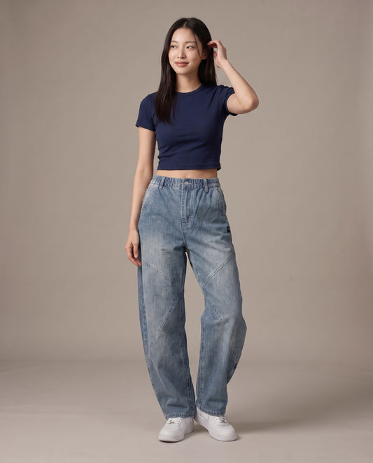 Chevron Seam Elastic Waist Wide-Leg Jeans