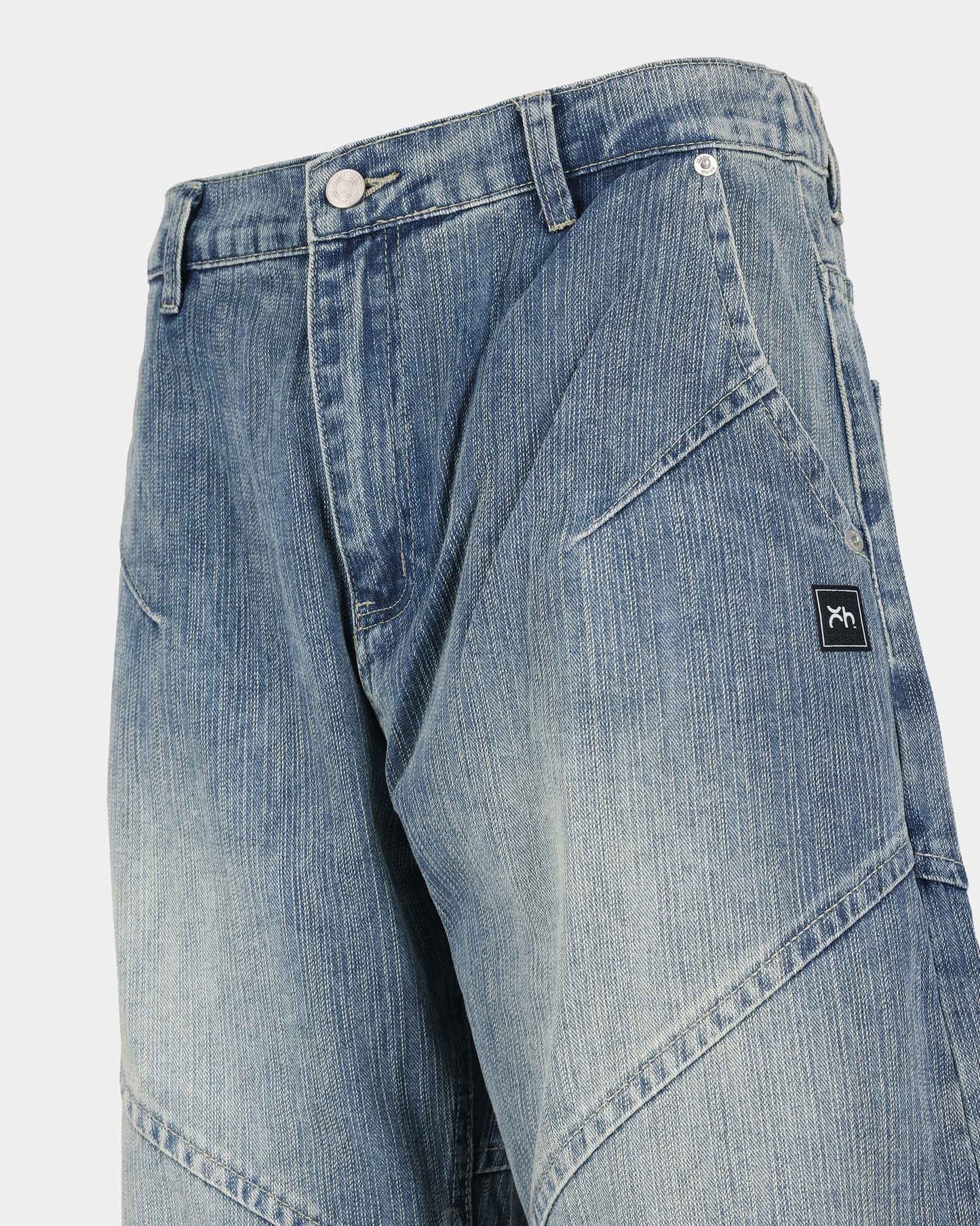 Chevron Seam Elastic Waist Wide-Leg Jeans