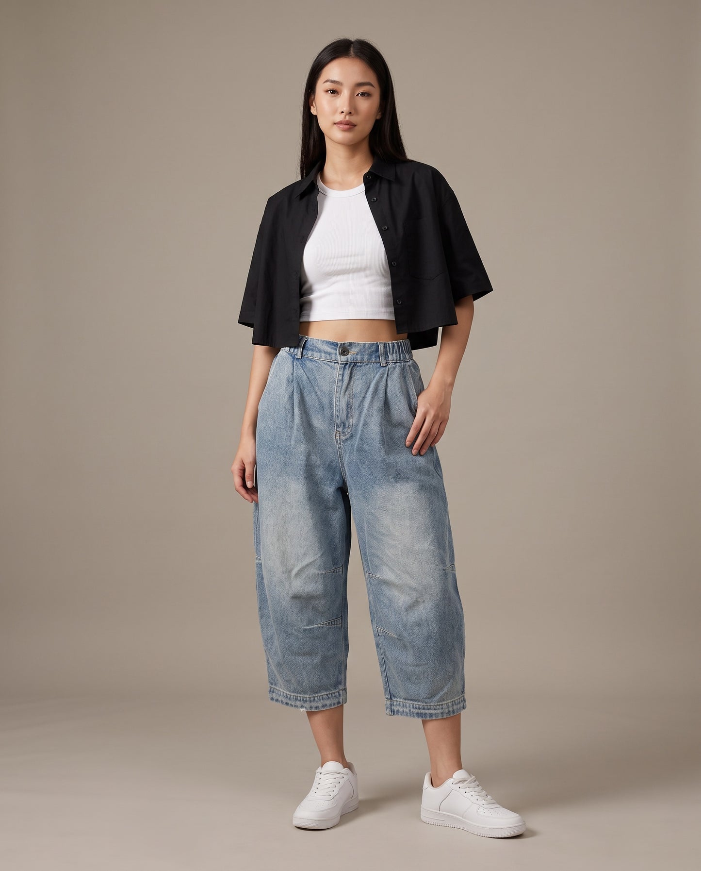 Vintage Wash Elastic Waist Denim Capri Pants