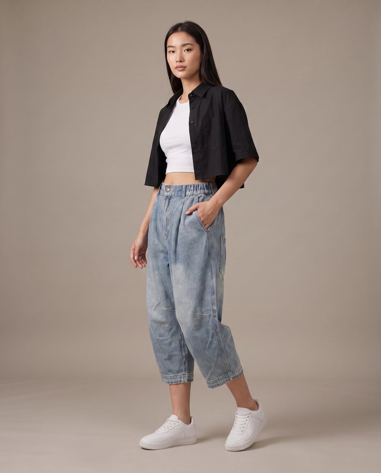 Vintage Wash Elastic Waist Denim Capri Pants