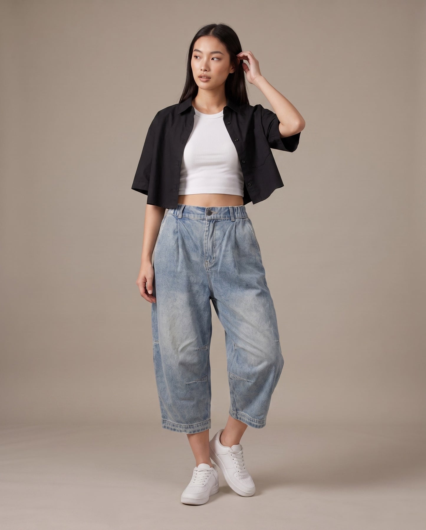 Vintage Wash Elastic Waist Denim Capri Pants