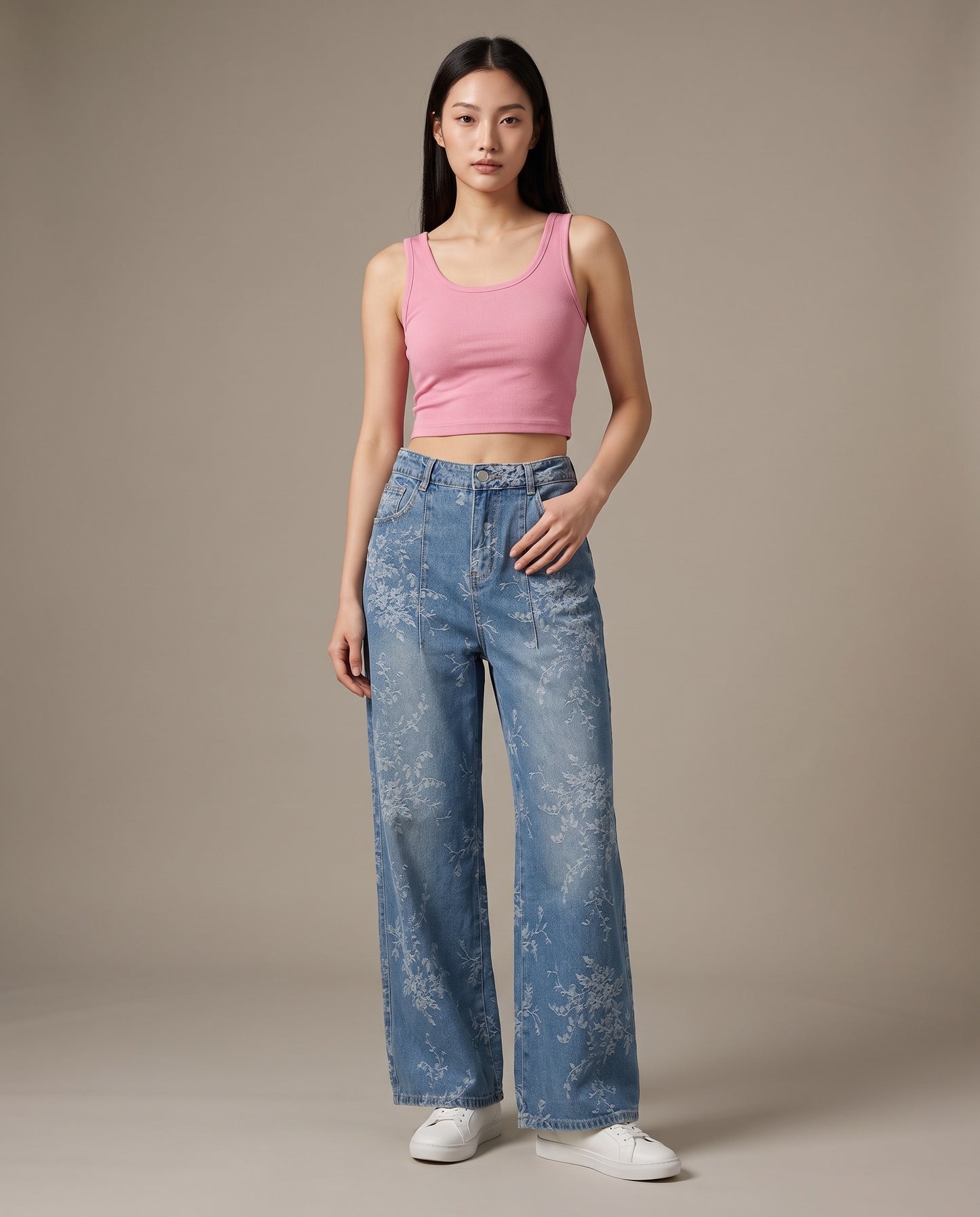 Floral Laser Print Wide-Leg Denim Jeans