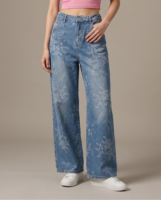 Floral Laser Print Wide-Leg Denim Jeans
