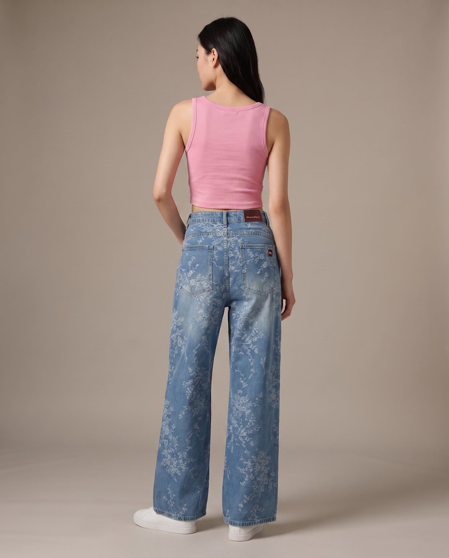 Floral Laser Print Wide-Leg Denim Jeans
