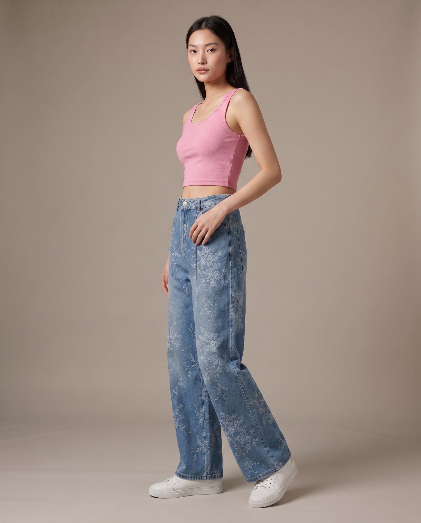 Floral Laser Print Wide-Leg Denim Jeans