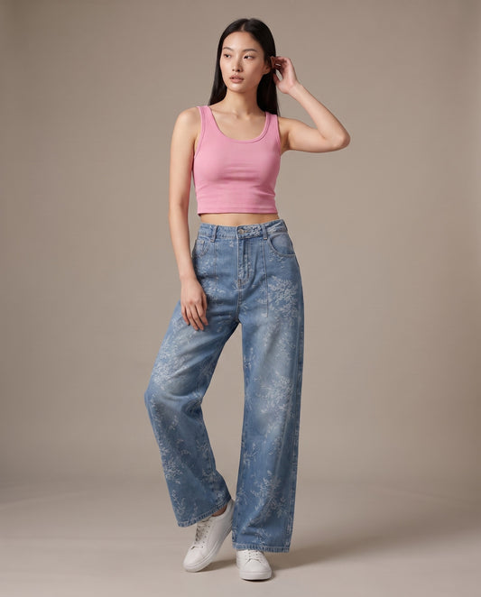 Floral Laser Print Wide-Leg Denim Jeans