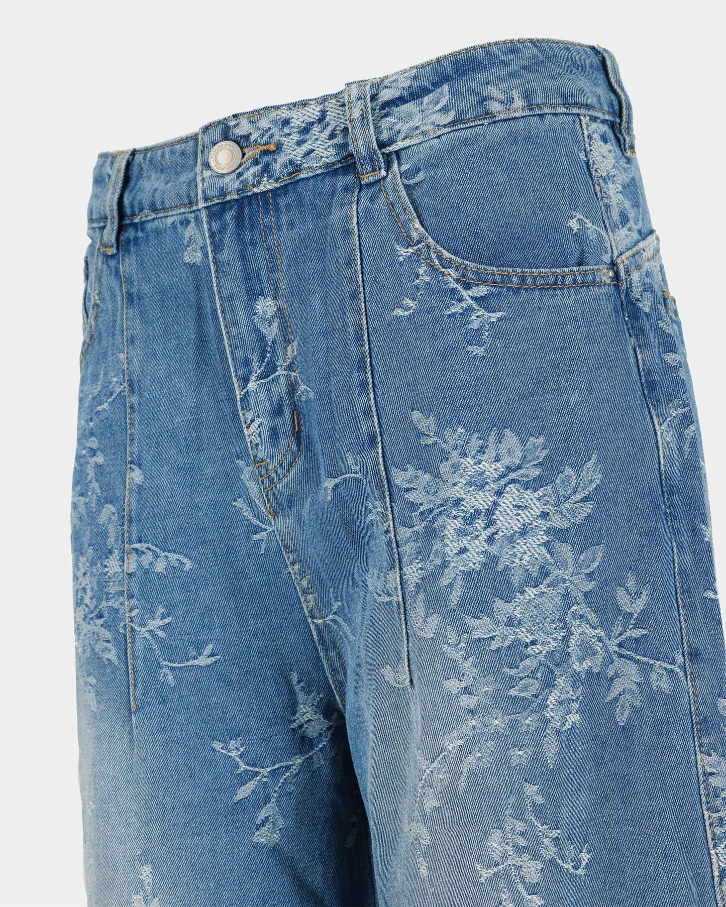 Floral Laser Print Wide-Leg Denim Jeans