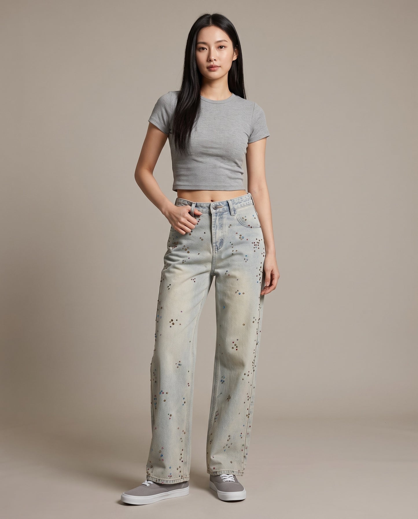Rhinestone Embellished Wide-Leg Denim Jeans