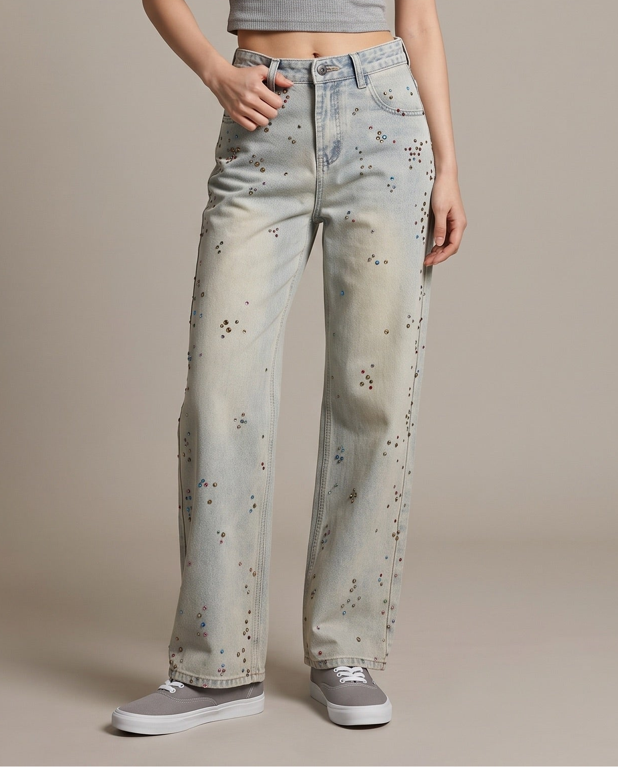 Rhinestone Embellished Wide-Leg Denim Jeans