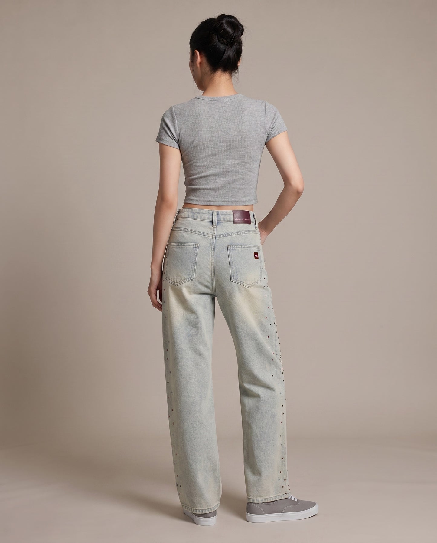 Rhinestone Embellished Wide-Leg Denim Jeans