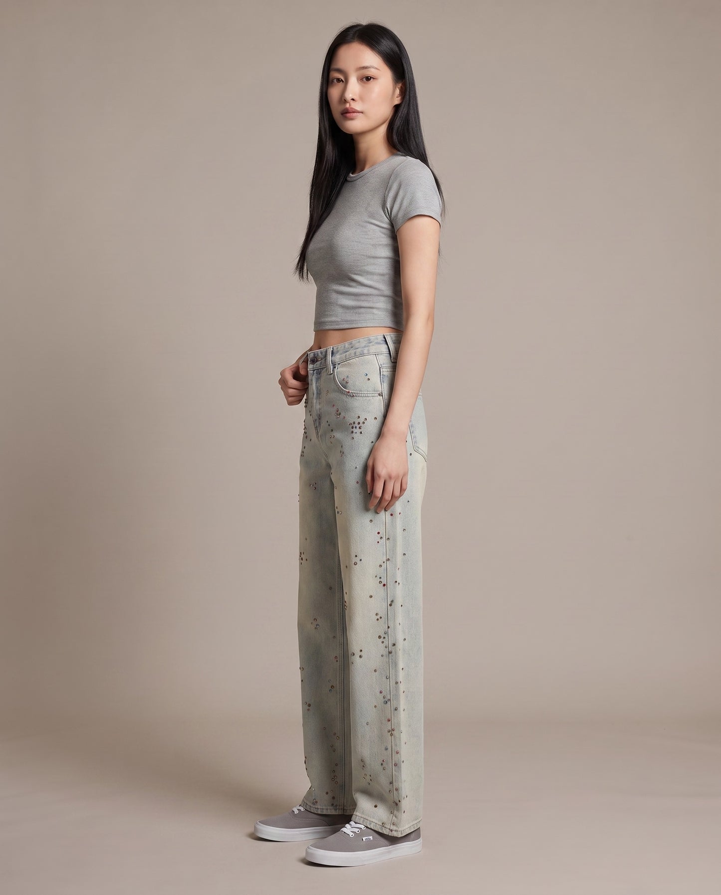 Rhinestone Embellished Wide-Leg Denim Jeans