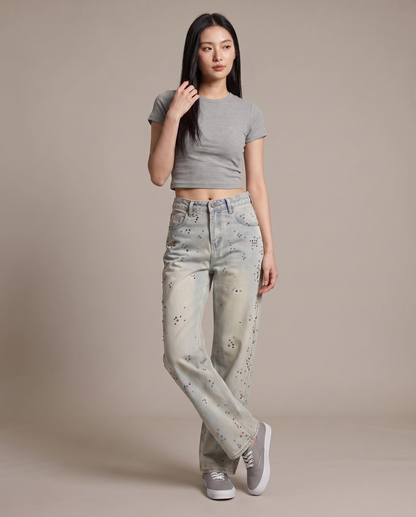 Rhinestone Embellished Wide-Leg Denim Jeans