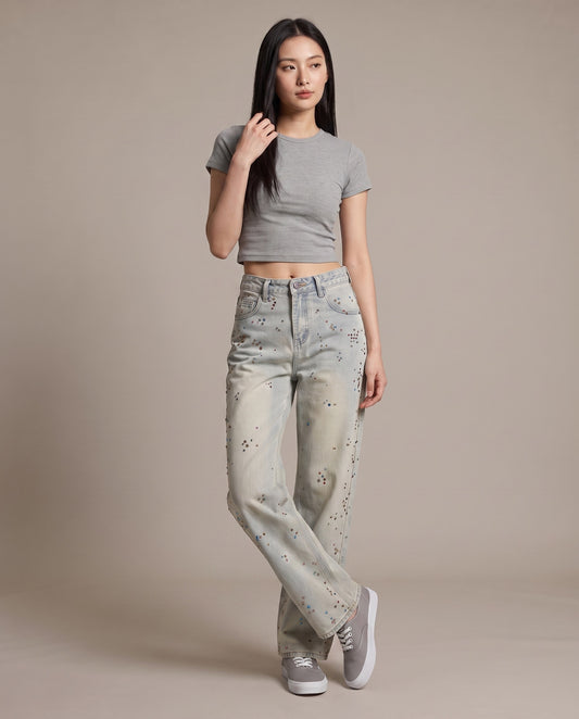 Rhinestone Embellished Wide-Leg Denim Jeans