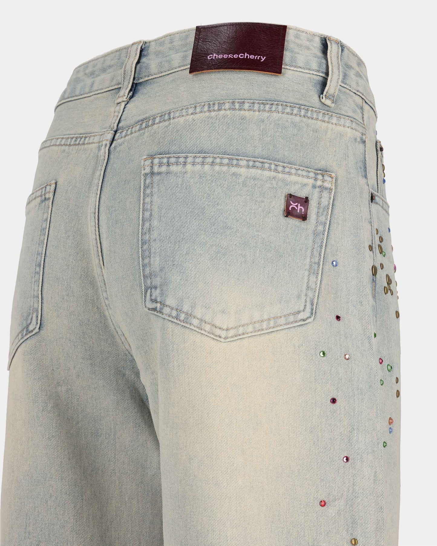 Rhinestone Embellished Wide-Leg Denim Jeans