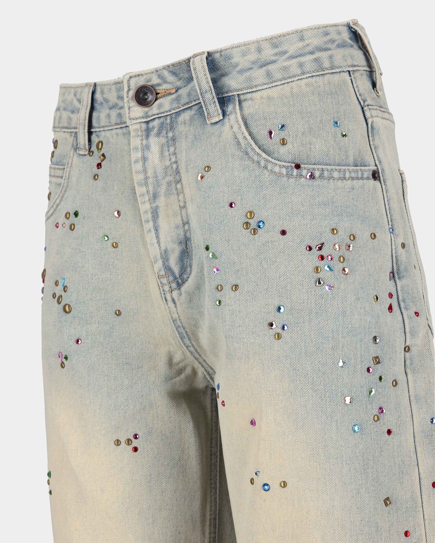 Rhinestone Embellished Wide-Leg Denim Jeans