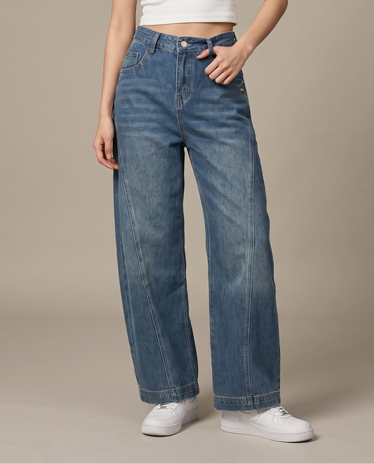 Curved Panel Wide-Leg Dark Wash Jeans