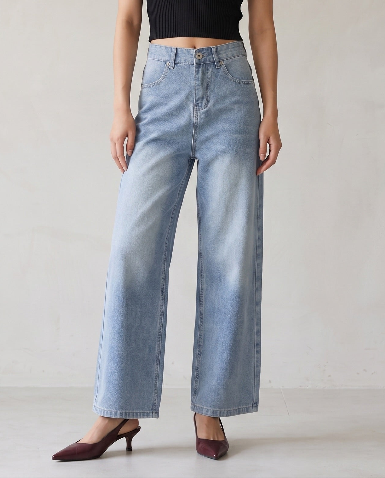 Cinch-Back Wide-Leg Vintage Wash Jeans