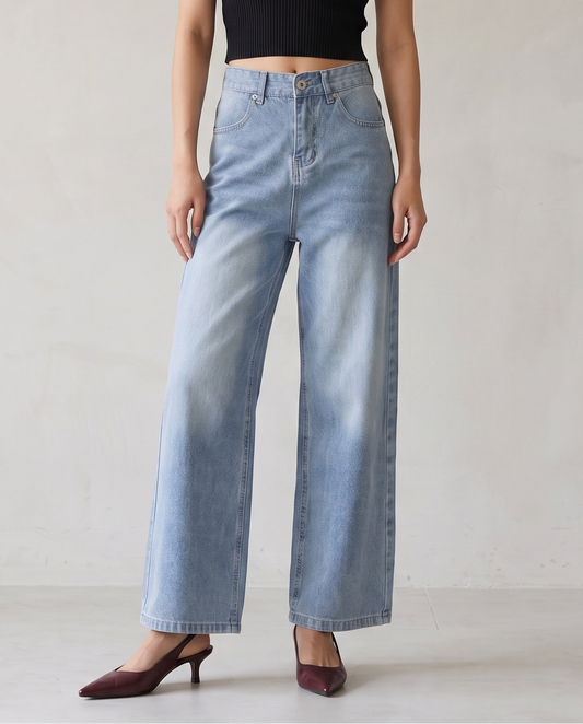 Cinch-Back Wide-Leg Vintage Wash Jeans