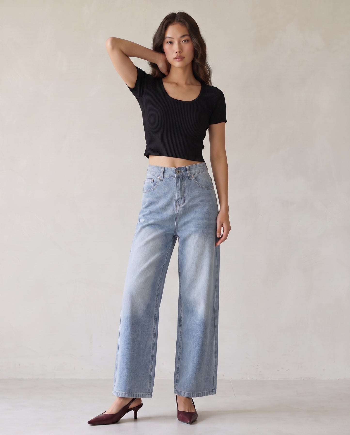 Cinch-Back Wide-Leg Vintage Wash Jeans