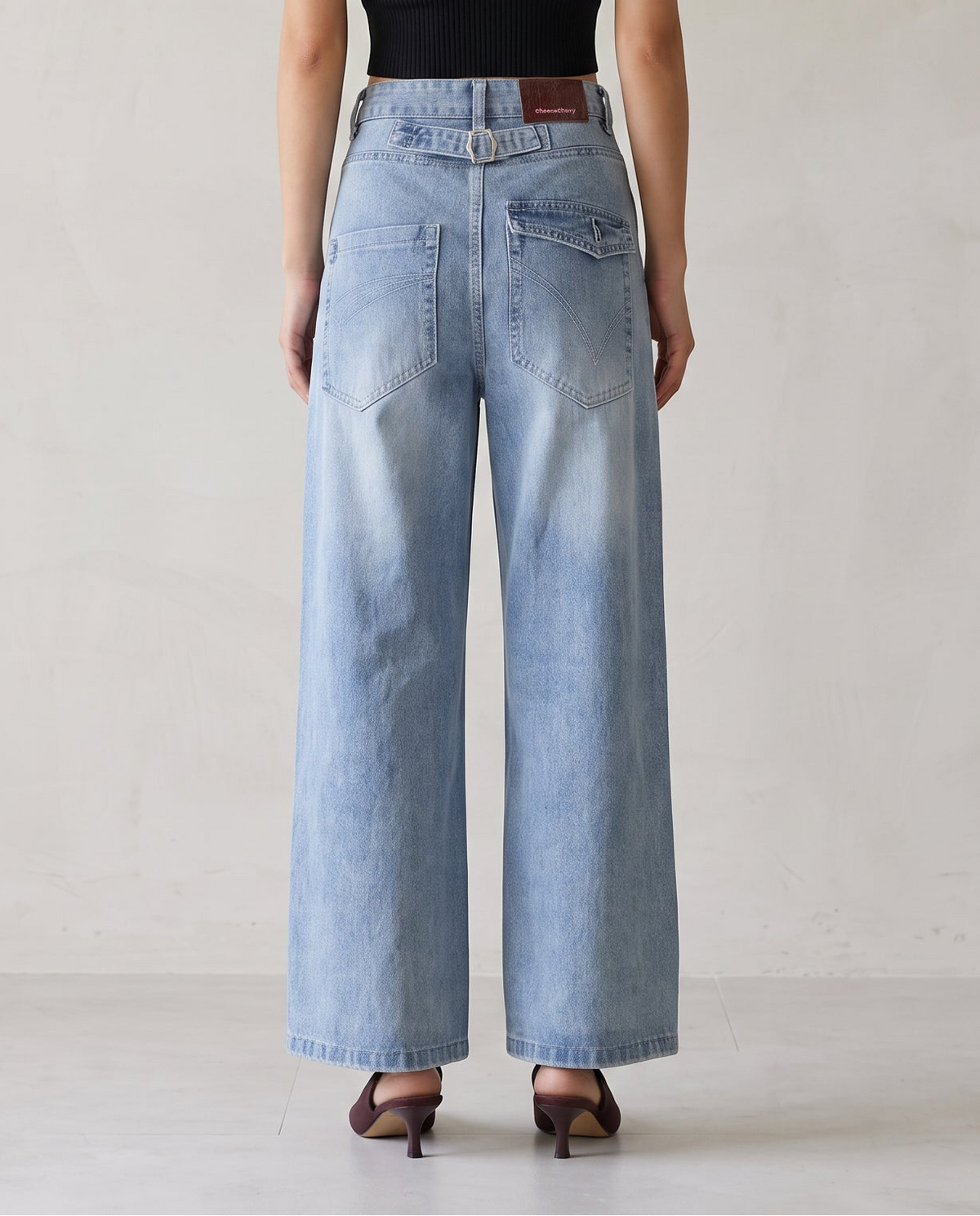 Cinch-Back Wide-Leg Vintage Wash Jeans