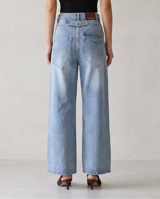 Cinch-Back Wide-Leg Vintage Wash Jeans