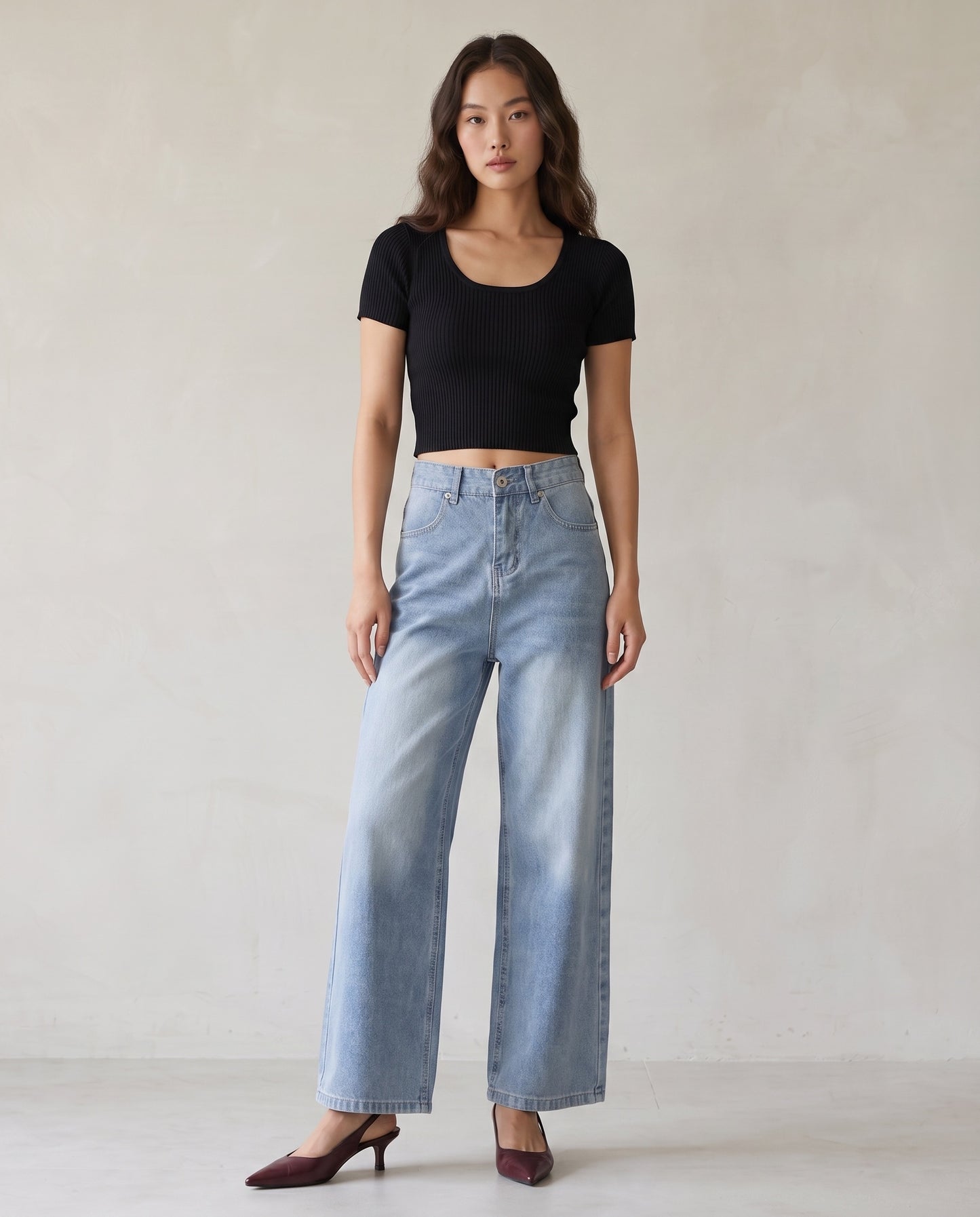 Cinch-Back Wide-Leg Vintage Wash Jeans