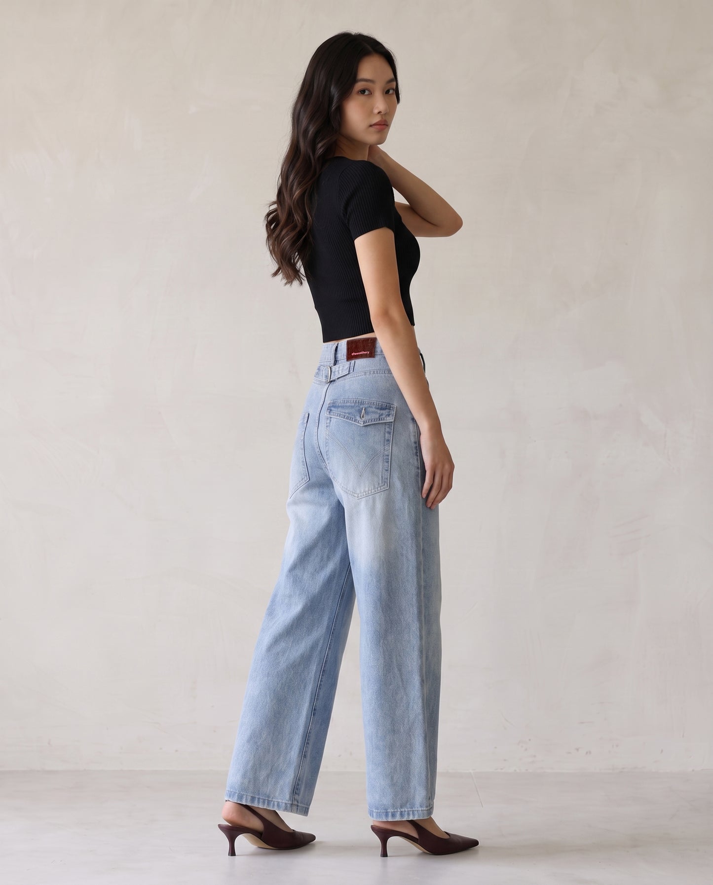 Cinch-Back Wide-Leg Vintage Wash Jeans