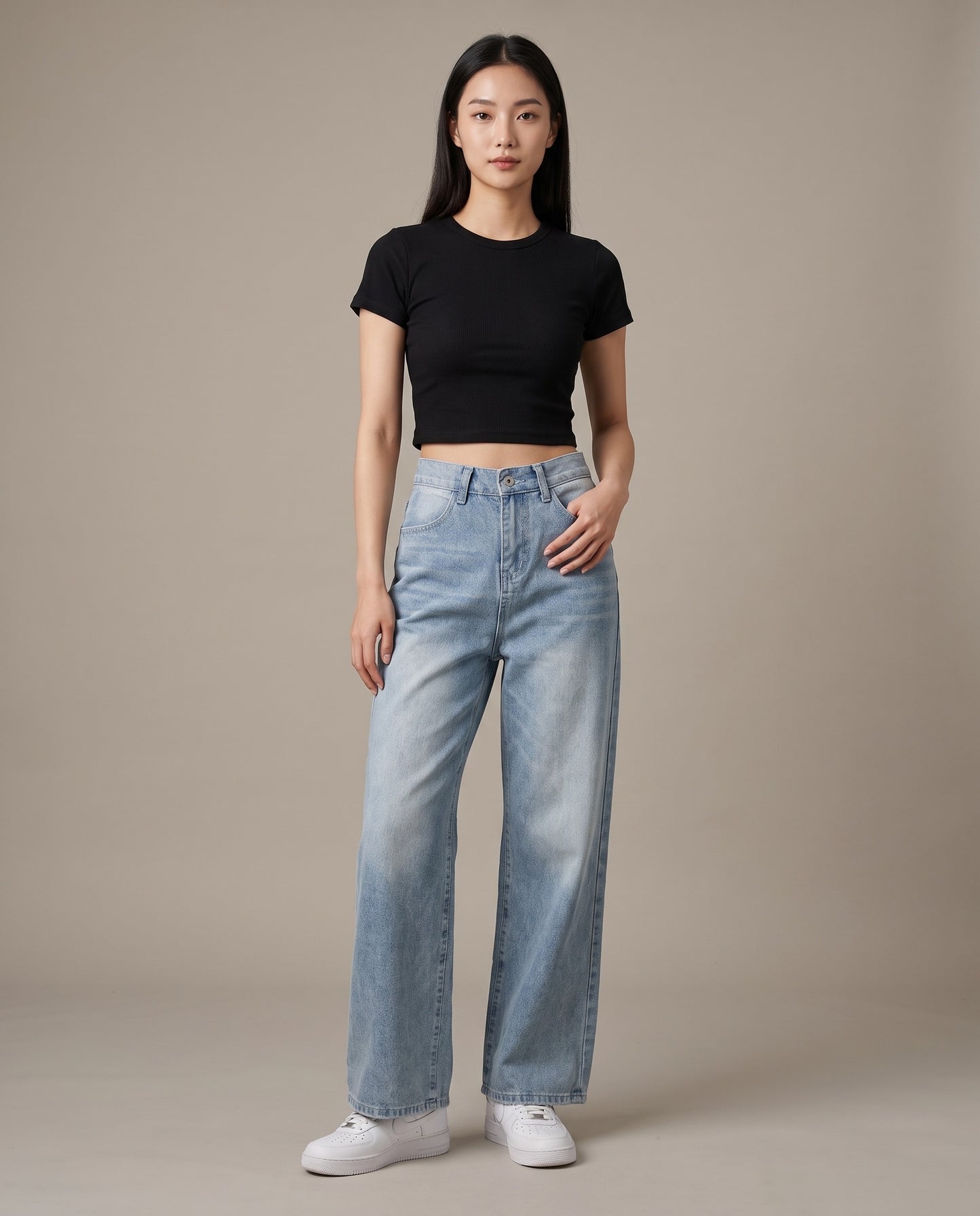 Cinch-Back Wide-Leg Vintage Grey-Blue Jeans