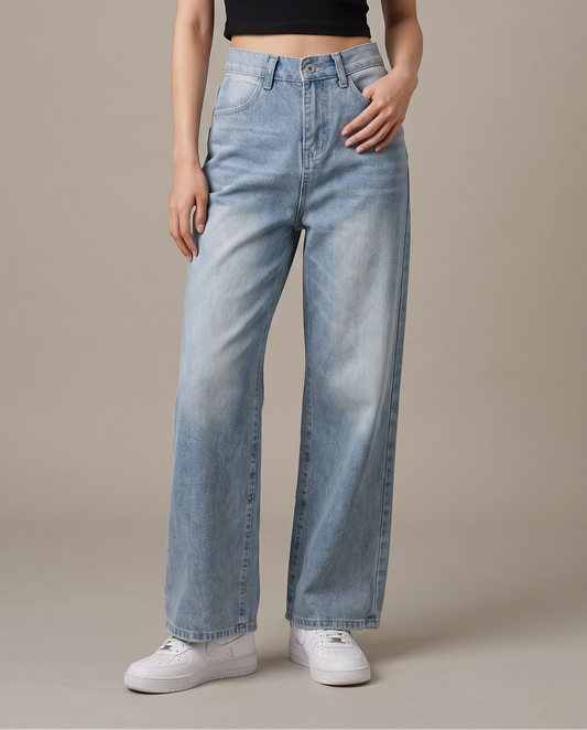 Cinch-Back Wide-Leg Vintage Grey-Blue Jeans