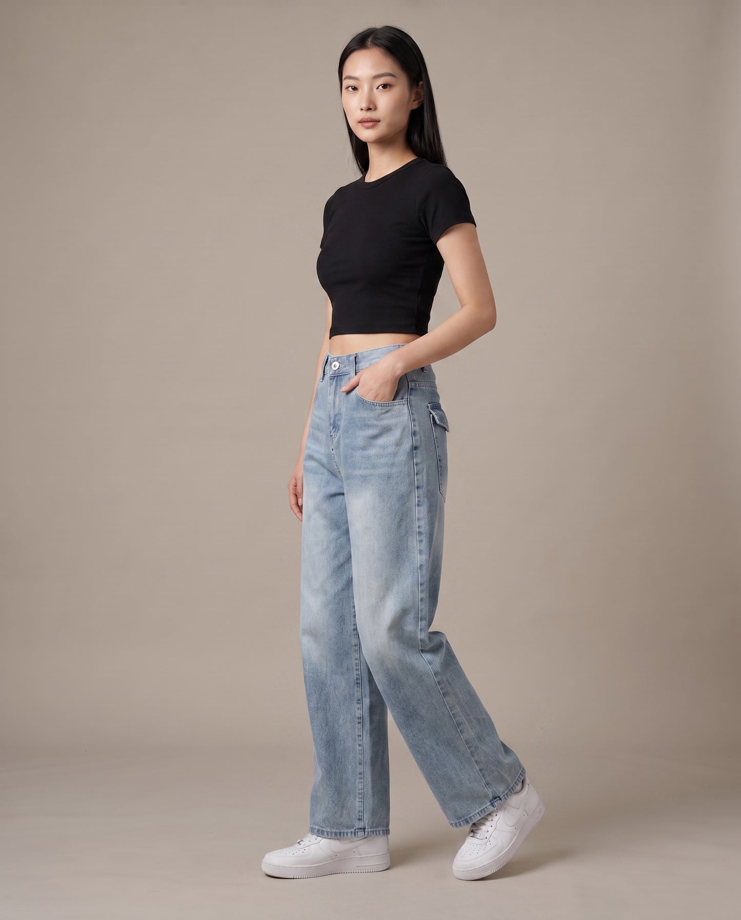 Cinch-Back Wide-Leg Vintage Grey-Blue Jeans