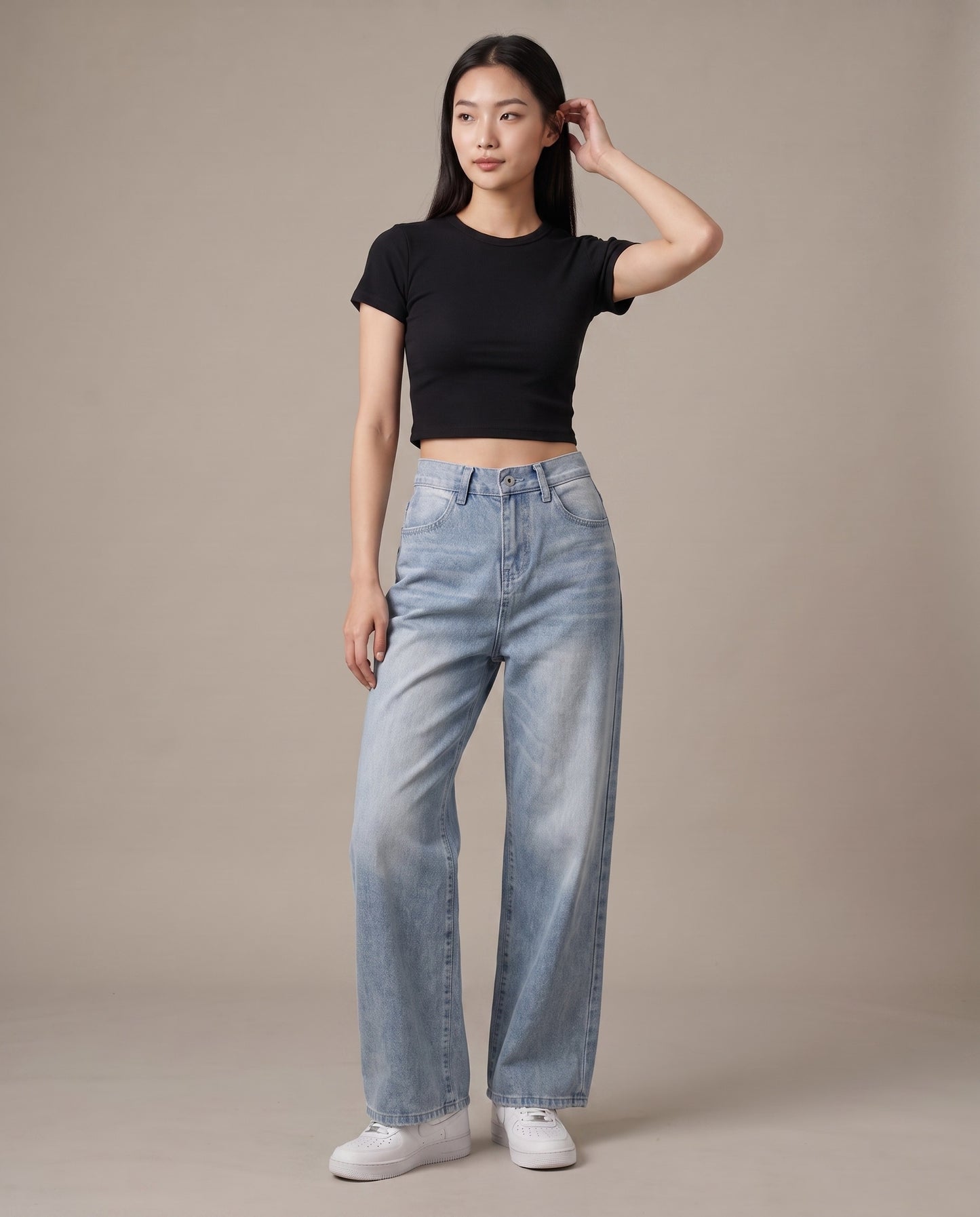 Cinch-Back Wide-Leg Vintage Grey-Blue Jeans