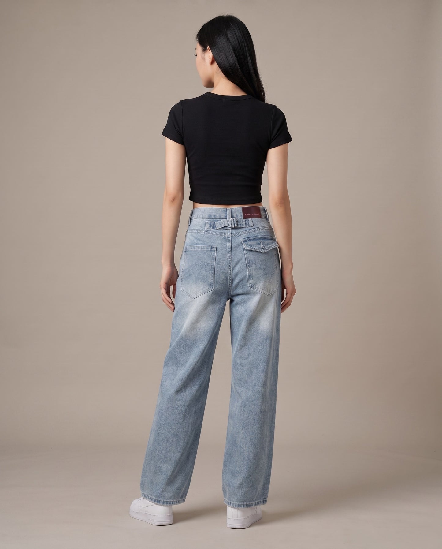 Cinch-Back Wide-Leg Vintage Grey-Blue Jeans