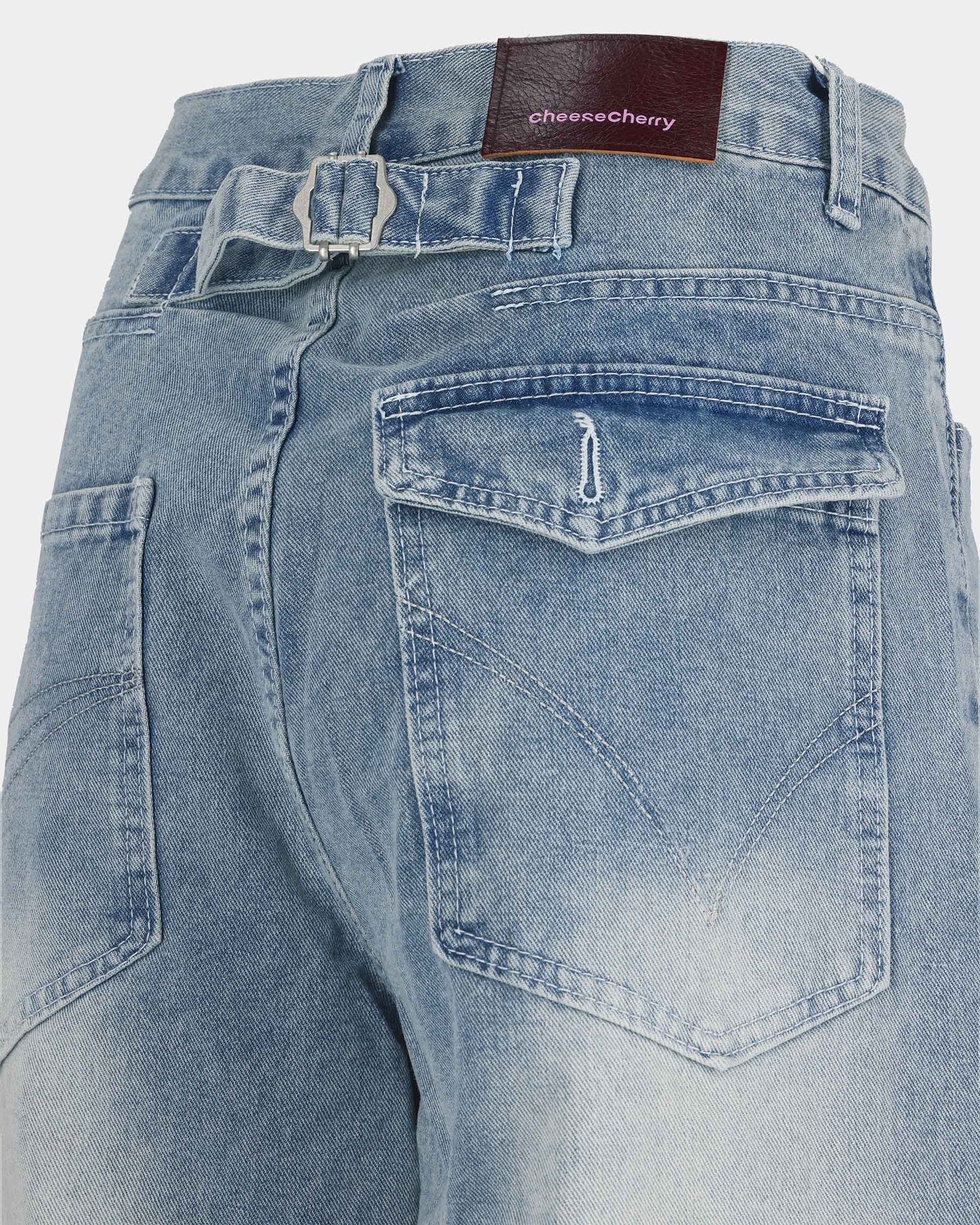 Cinch-Back Wide-Leg Vintage Grey-Blue Jeans