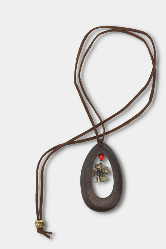 Wood Teardrop Clover Pendant Necklace (Walnut)