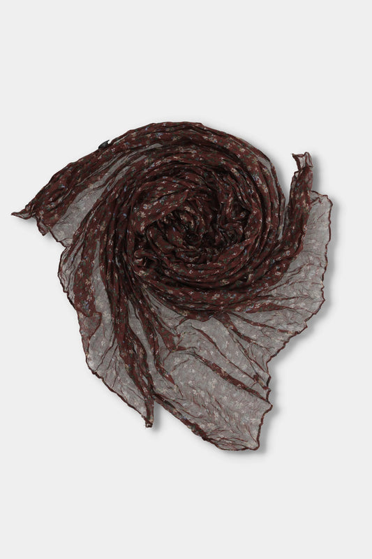 Crinkled Floral Cotton-Linen Scarf — Wine