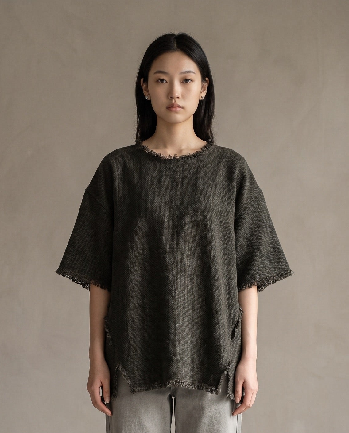 Coffee Grey Raw-Edge Linen Top