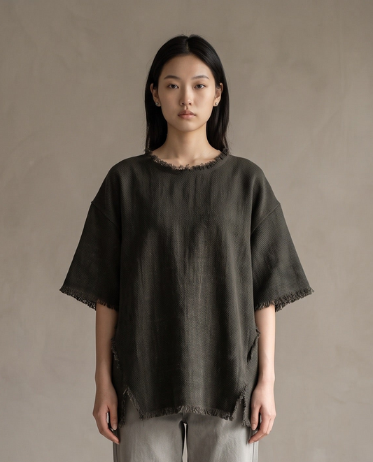 Coffee Grey Raw-Edge Linen Top