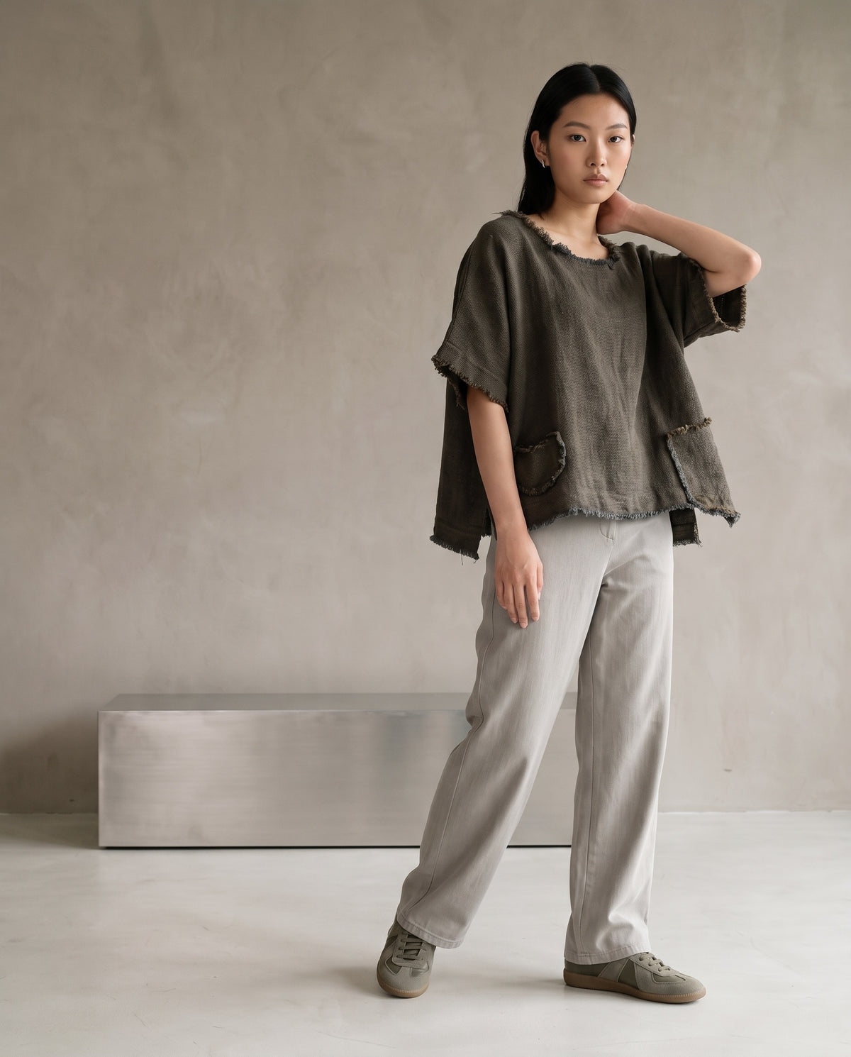 Coffee Grey Raw-Edge Linen Top