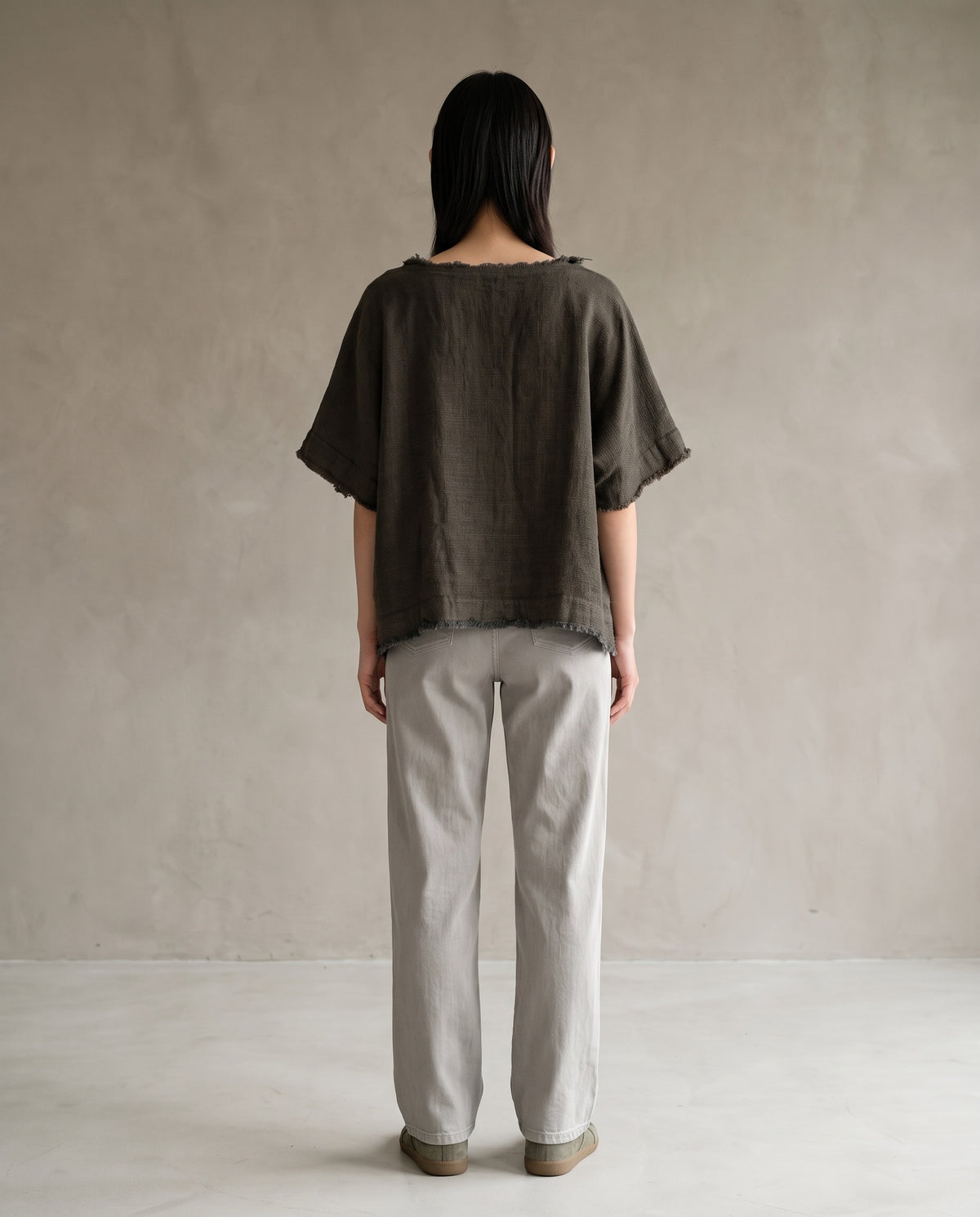 Coffee Grey Raw-Edge Linen Top