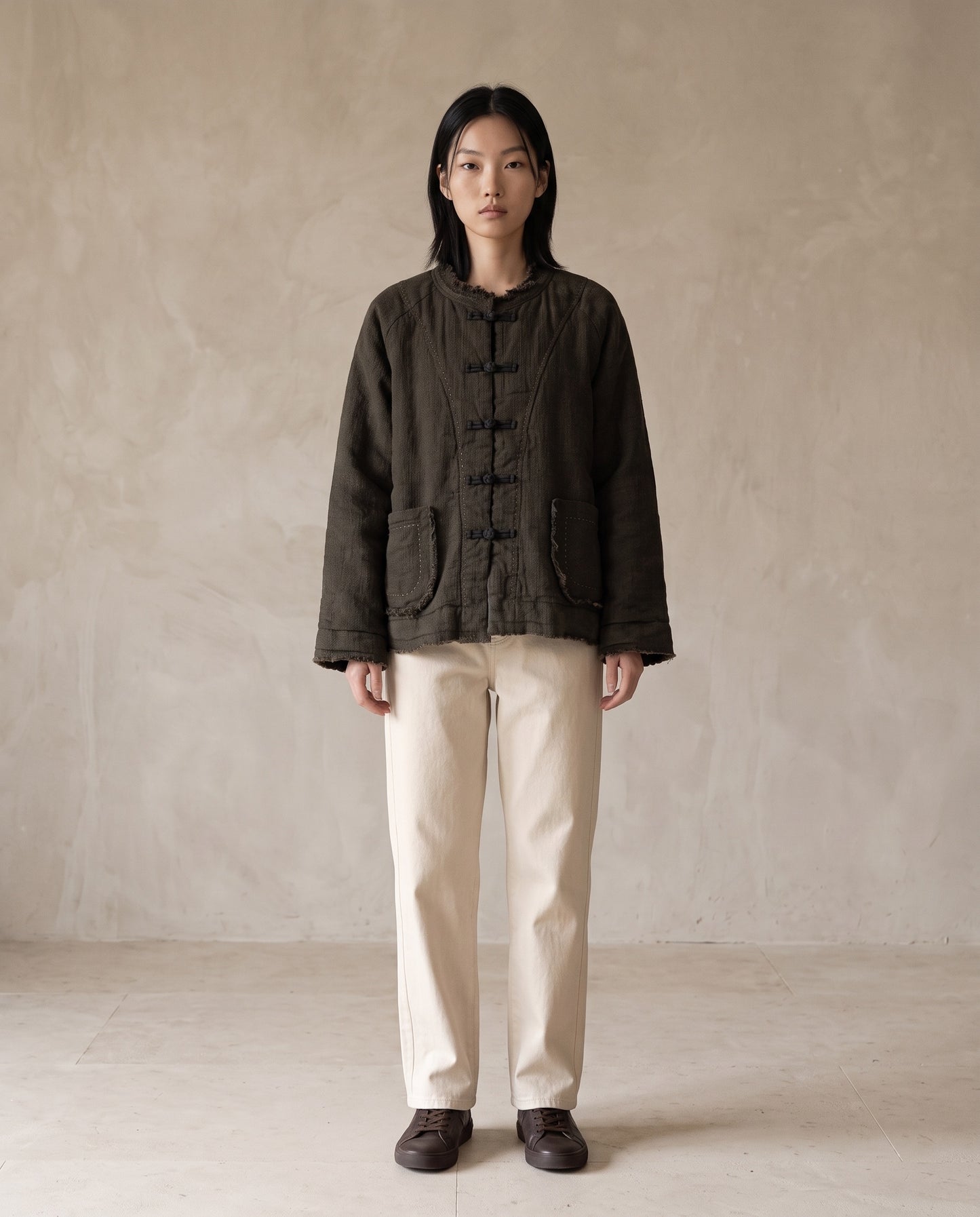 Grey-Green Raw-Edge Linen Frog Jacket