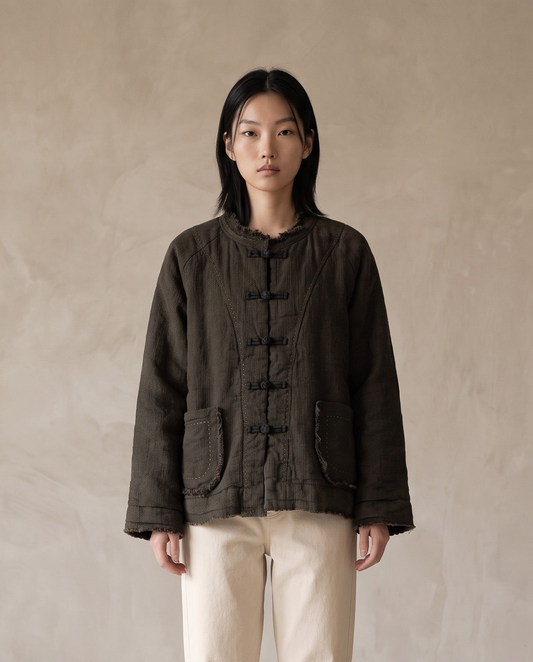 Grey-Green Raw-Edge Linen Frog Jacket